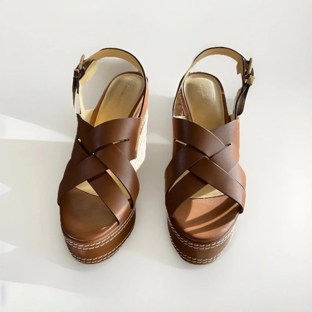 Michael Kors NORA Brown Leather Wedge Sandals NWOT - Picture 2 of 8